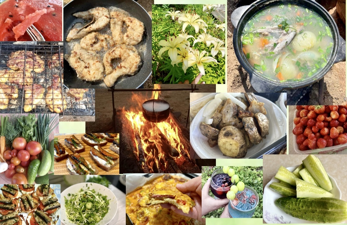 Фото коллаж автора. Вкусно едим. Беспроигрышный вариант меню на природе с друзьями: отдыхали, ели, пили(рассказываю, что готовили)