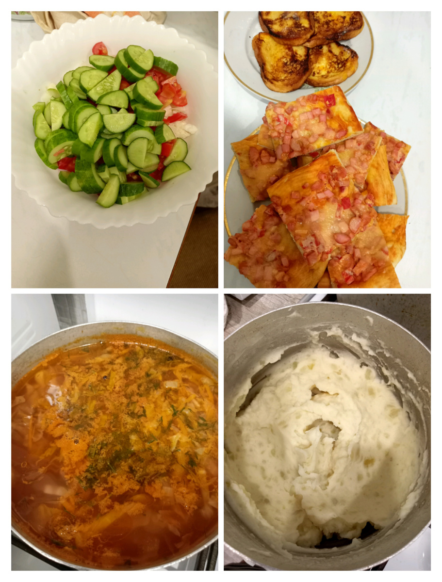 Салат, пицца, гренки, щи, картофельное пюре. Вкусный бефстроганов почему то на фото не попал.