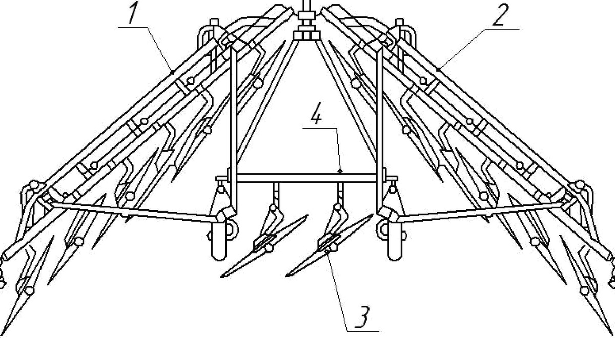 1 -секция левая; 2 -секция правая; 3 -колеса рабочие центральные; 4-сцепка
