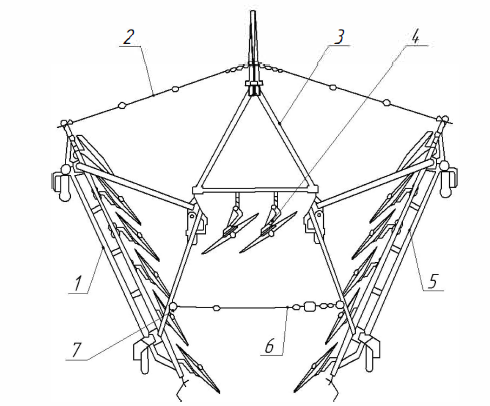 1 - секция левая; 2 - растяжка передняя; 3 - сцепка; 4 - колеса рабочие центральные; 5 - секция правая; 6 - растяжка задняя;
7-штырь
