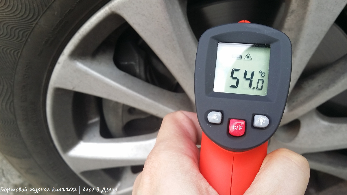 Температура диска на передней оси после обычной городской спокойной поездки, без длительных интенсивных торможений. Автор фотографии kua1102