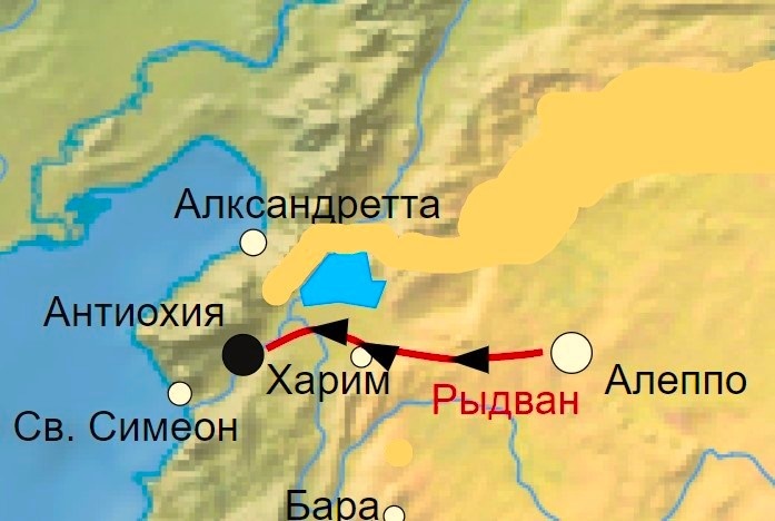 Поход войска Фахра аль-Мульк Рыдвана к Антиохии. Источник: https://upload.wikimedia.org/wikipedia/ru/b/b3/Осада_Антиохии_%28общая_карта_%29.svg