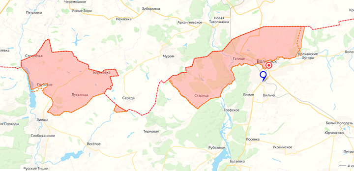ЖЁЛТОЙ ПУНКТИРНОЙ ЛИНИЕЙ ПОКАЗАНЫ НАШИ ПОЗИЦИИ МЕСЯЦ НАЗАД. БЕЛОЕ ПРОСТРАНСТВО ЗА ПУНКТИРОМ — УСПЕХ КОНТРУДАРОВ ВСУ. ИСТОЧНИК: LOSTARMOUR.INFO