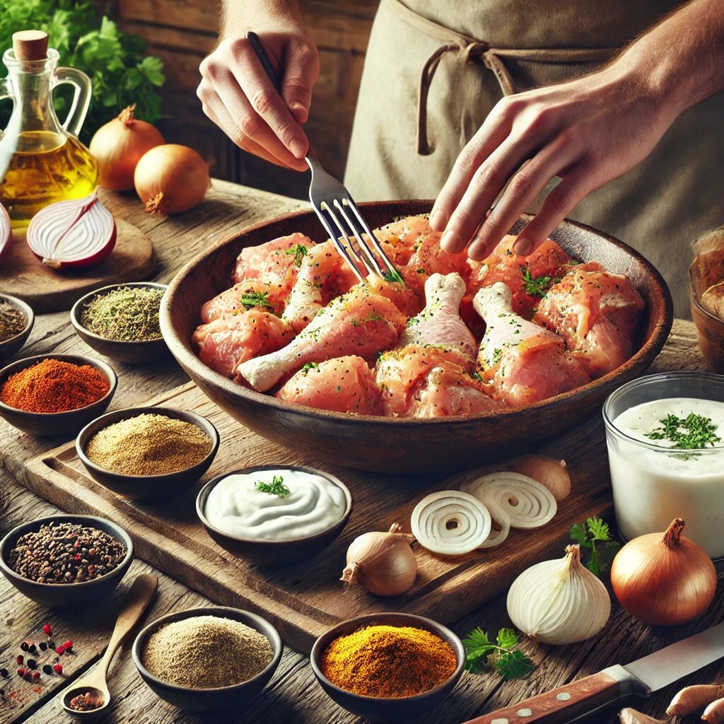 Процесс подготовки курицы тандури.