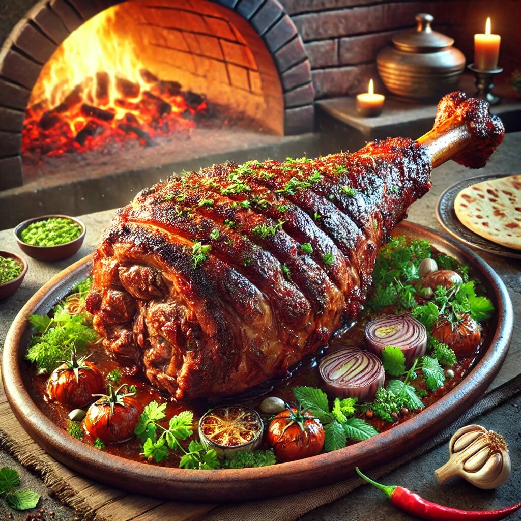 Баранья нога, приготовленной в тандыре.