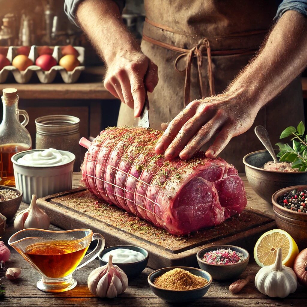 Процесс подготовки бараньей ноги.