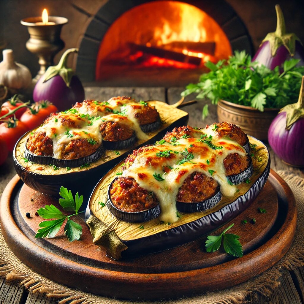 Фаршированные баклажаны с мясом, приготовленных в тандыре.