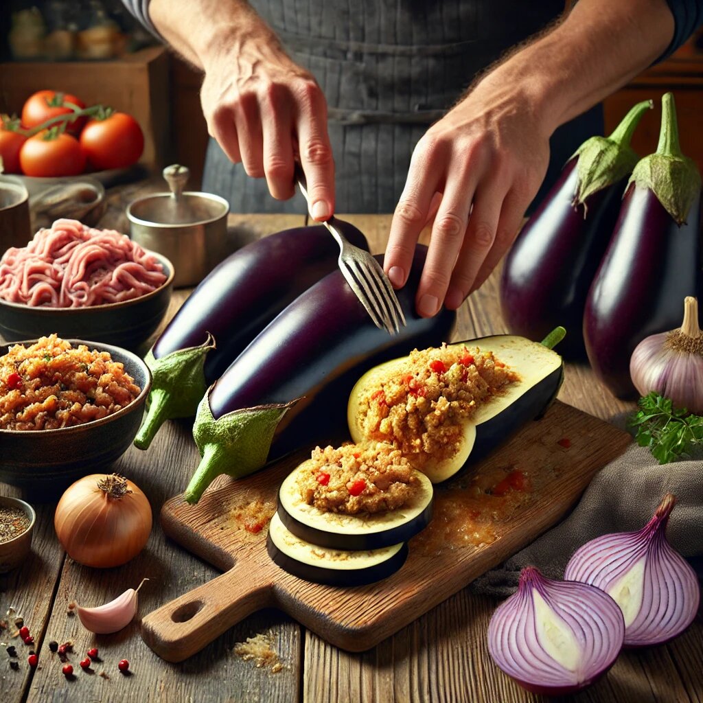 Процесс подготовки баклажанов для фаршировки.