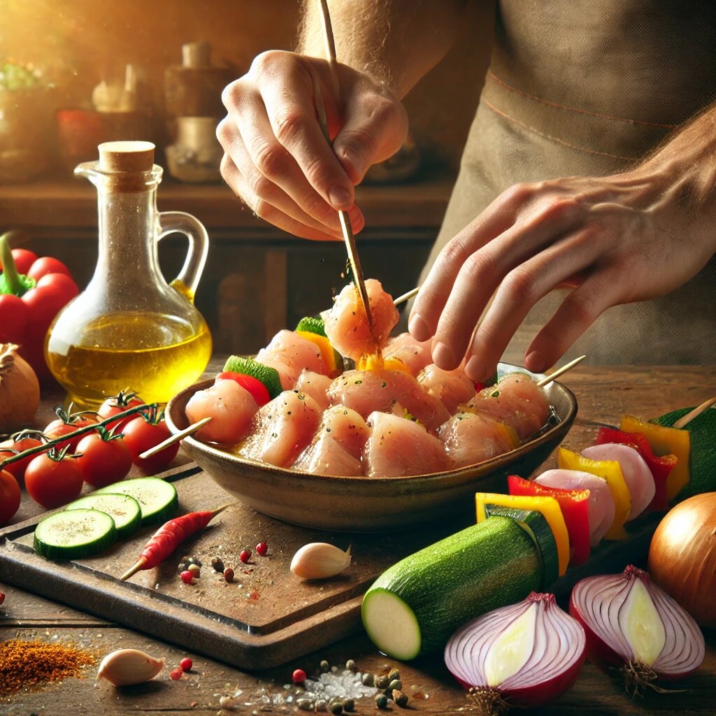 Процесс подготовки курицы для шашлыков.