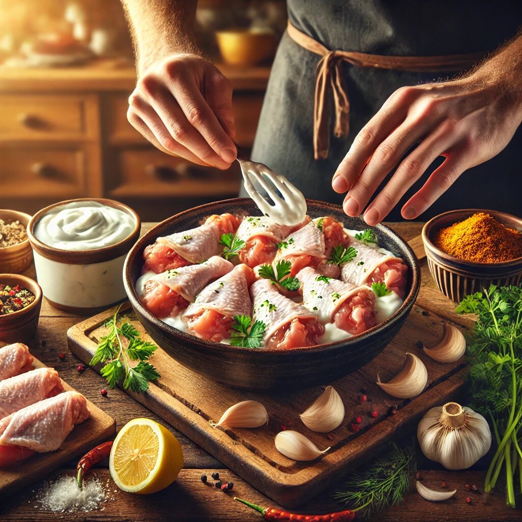 Подготовка куриных крылышек для приготовления в тандыре. 