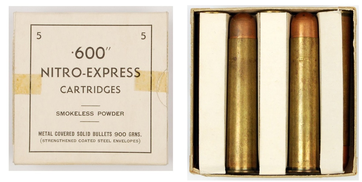 Коробка с пятью патронами .600 Nitro Express.