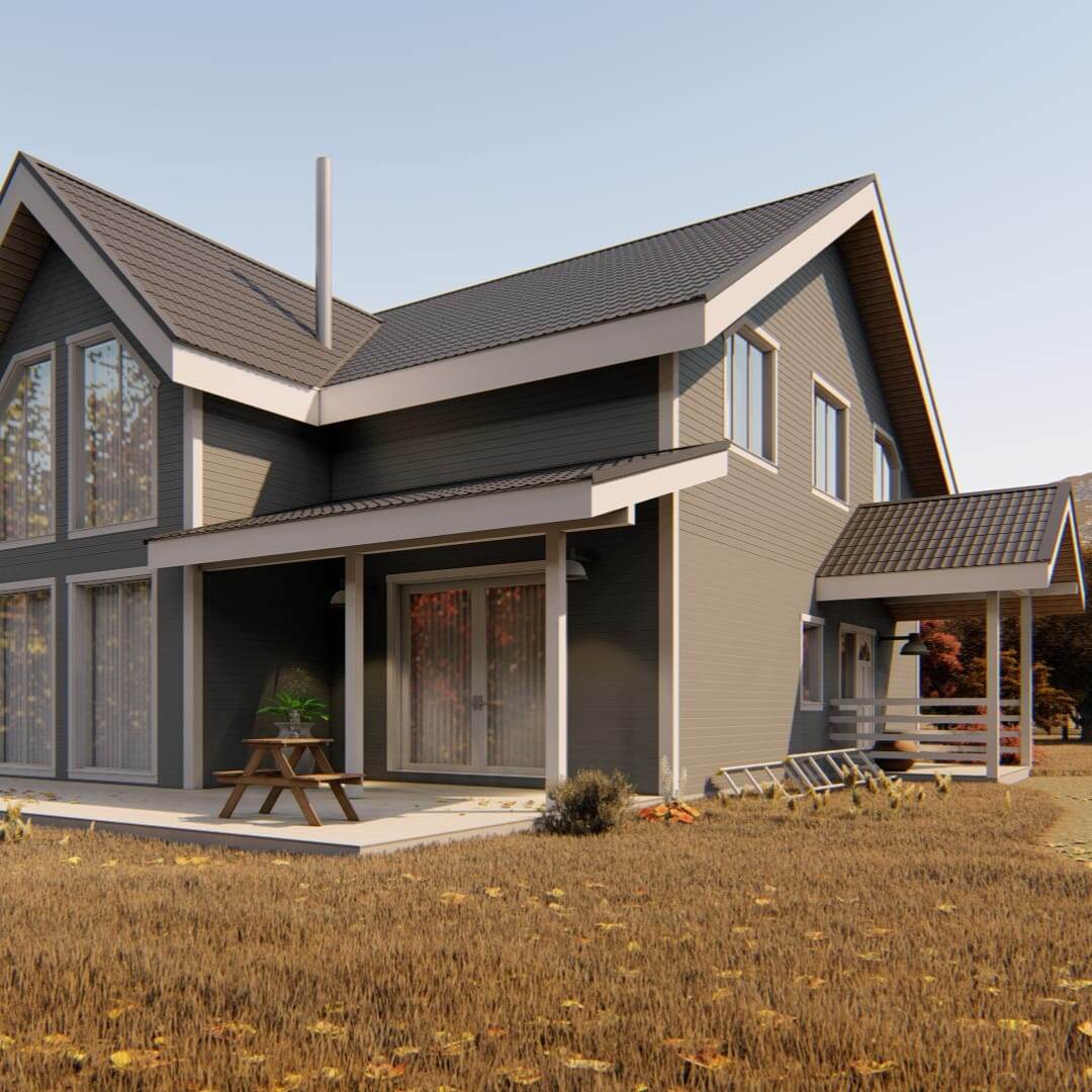 На первом этаже расположена: кухня-гостиная, просторный холл с камином, гостевая спальня, санузел, прачечная, котельная и прихожая. Из гостиной можно выйти на крытую террасу. 
