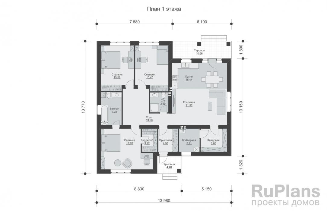 Прихожая - 4,96 м2 Бойлерная - 5,21 м2 Кладовая - 6,66 м2 Гостиная - 21,56 м2 Кухня - 15,44 м2 С/у - 3,99 м2 Спальня - 15,47 м2 Спальня - 15,59 м2 Ванная - 7,33 м2 Холл - 13,20 м2 Спальня - 19,70 м2 Гардероб - 3,92 м2