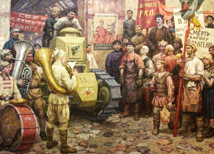 Рис.1. Картина художника В.П. Малиновского (1928-2011 гг.) «На защиту республики Советов» 1972 года. Видно, что сам танк художника всерьез не интересовал, и он дал волю своей фантазии  
