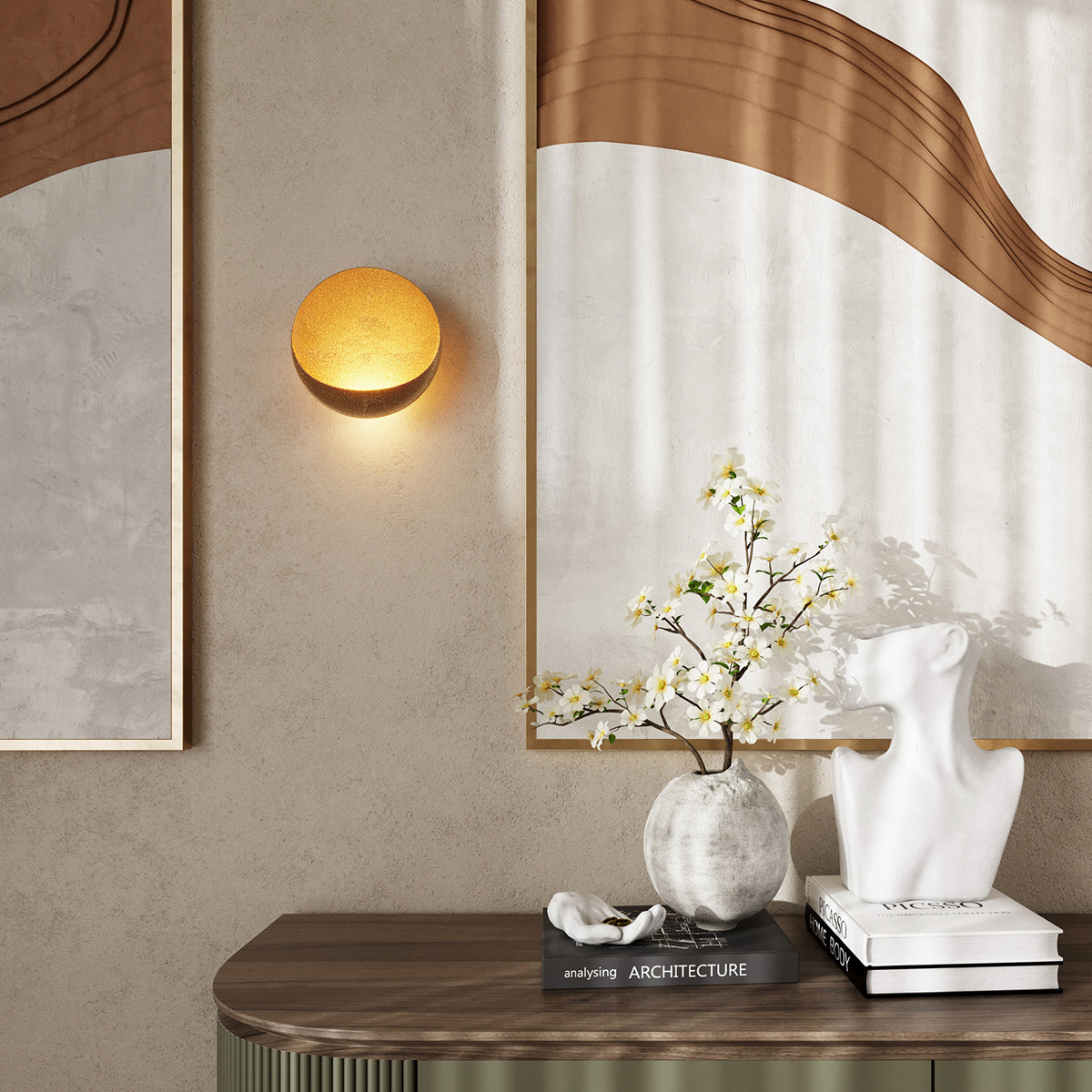 Во влагозащищенных светильниках VELA IP44 используется необычное покрытие ice crack в черном, золотом и белом цветах. Два источника света создают полукруглые линии отраженного света.