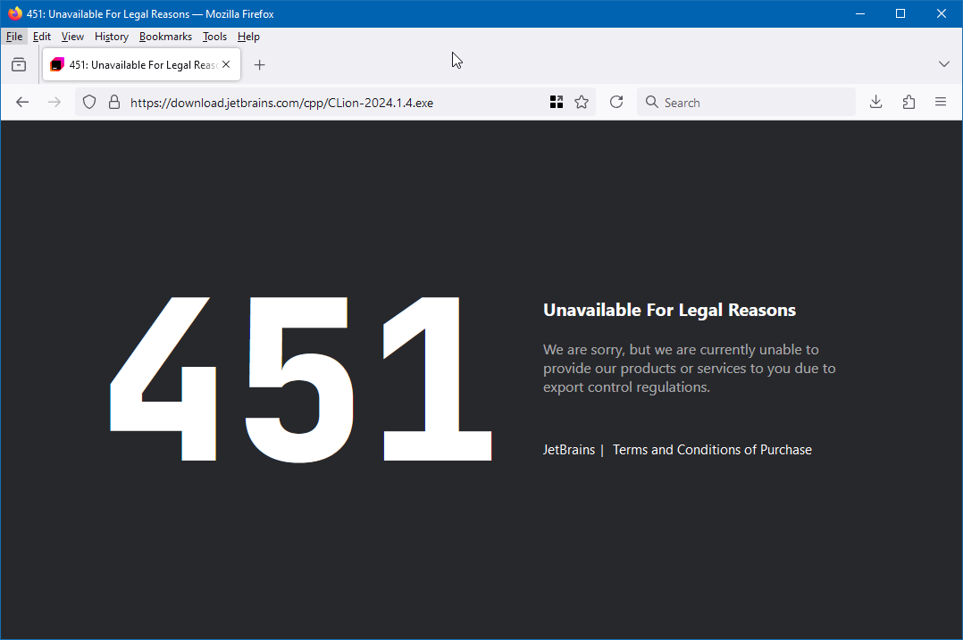 Скриншот окна интернет браузера при попытке скачать IDE компании JetBrains.