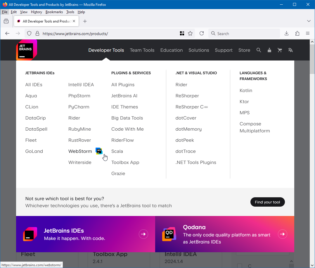 Список продуктов компании JetBrains.