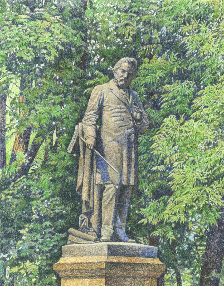 К. Тихонова.  Памятник М.И. Глинке. Лист из серии «Удивительный Смоленск». 2024. Бумага, цветной карандаш. 37х28