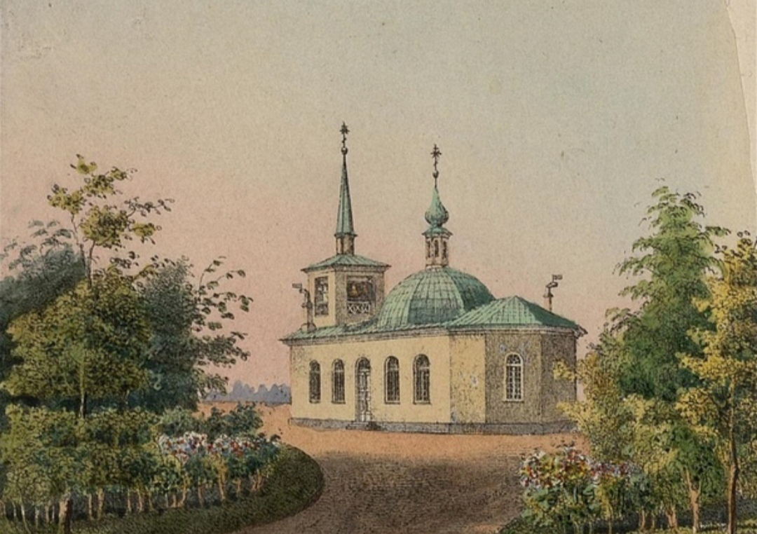 Благовещенская церковь в Ропше в середине 19 века. Литография. Из собрания государственного Эрмитажа