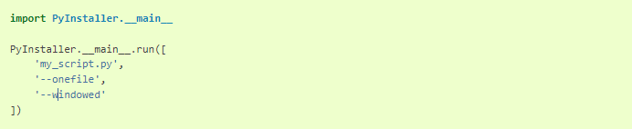 Если вы хотите запустить PyInstaller из кода Python, вы можете использовать run функцию, определенную в PyInstaller.__main__.