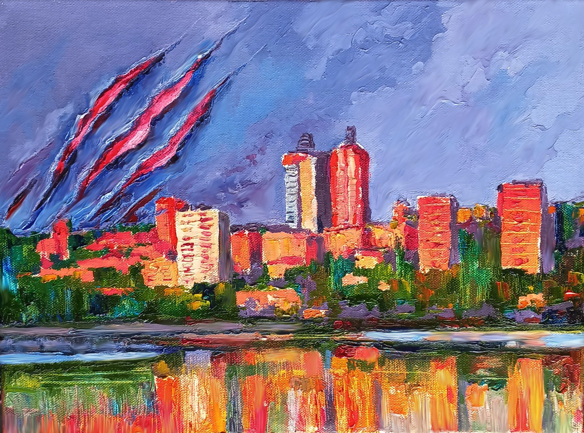 «Раненое небо Донецка»  Холст. Масло. 2024 год Канал «Донецк есть»