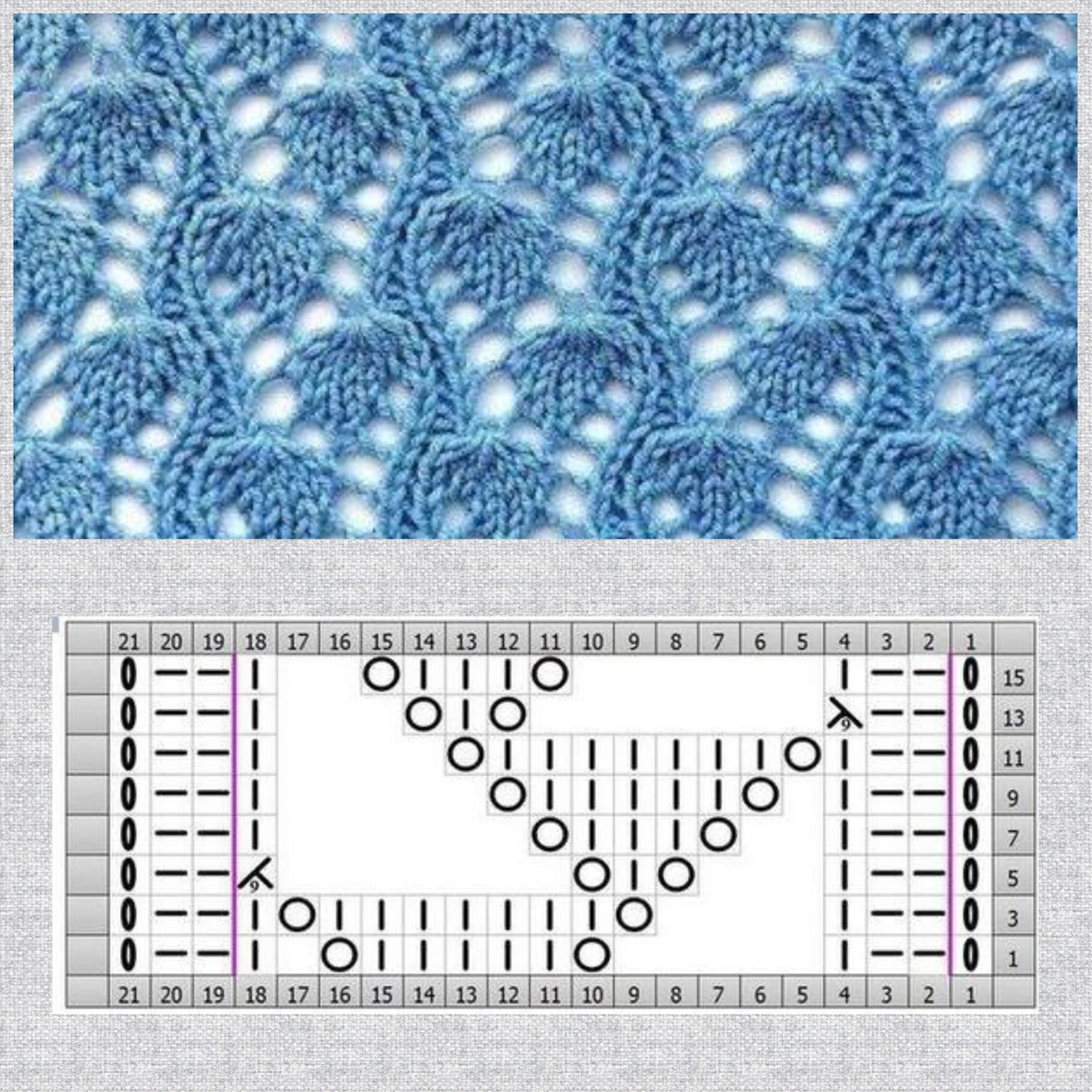 В схеме указаны только лицевые ряды изнанка вяжется по рисунку (как лежат петли, накиды изнаночные). В описании идёт расшифровка одного раппорта узора выделенного в схеме фиолетовыми полосами. Для образца нужно набирать ещё и кромочные петли.