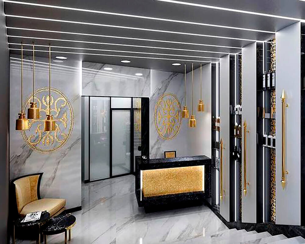 Интерьер холла салона красоты со стойкой администратора