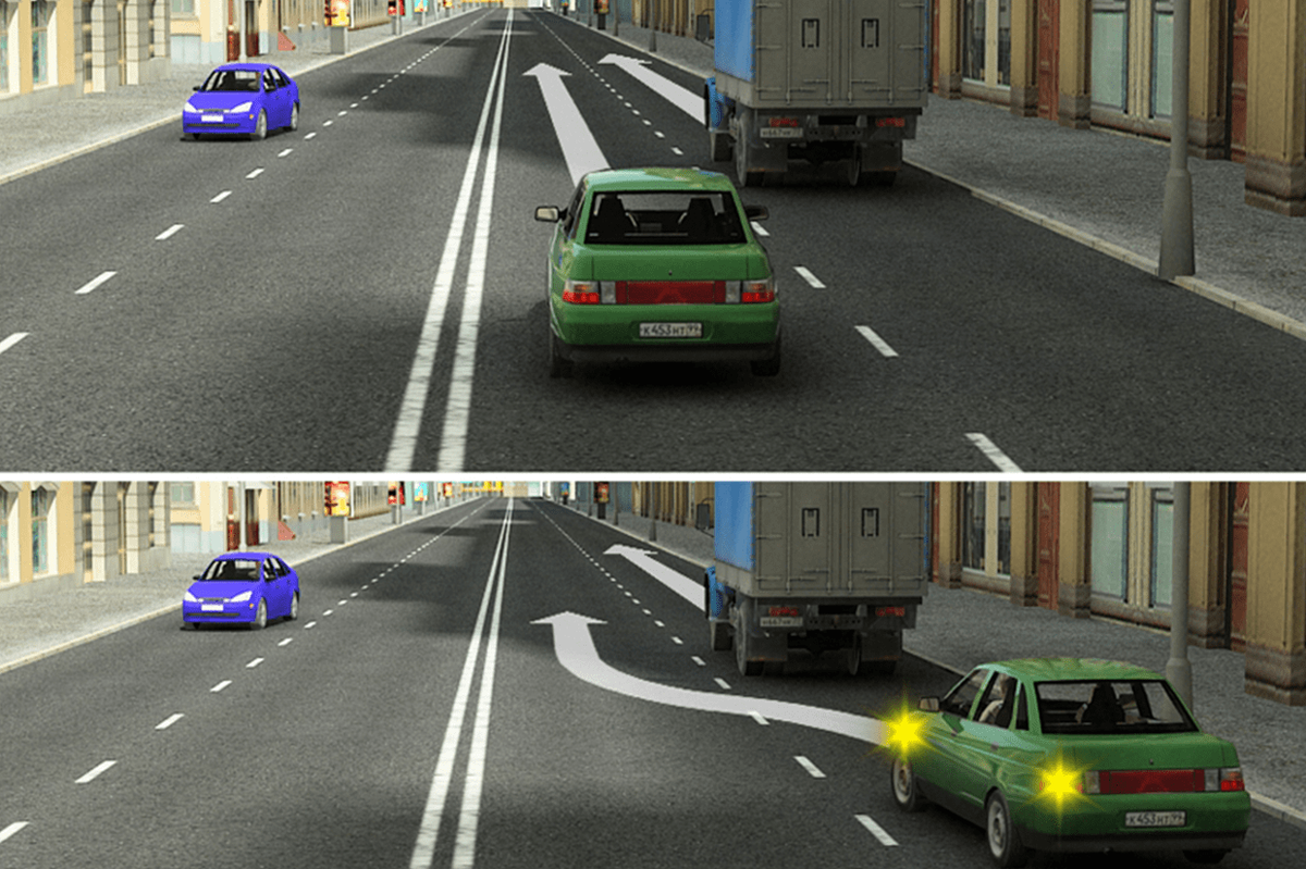 Вверху: опережение без перестроения, снизу опережение с перестроением.