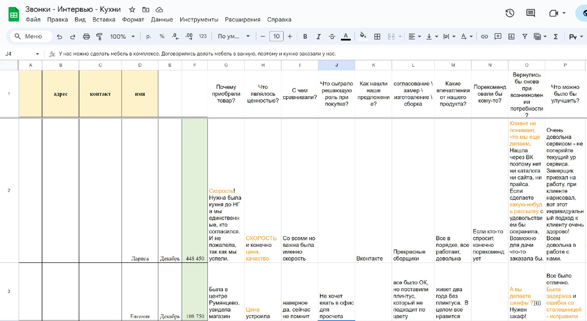 Пример таблицы с вопросами, для среза качества работы с клиентом