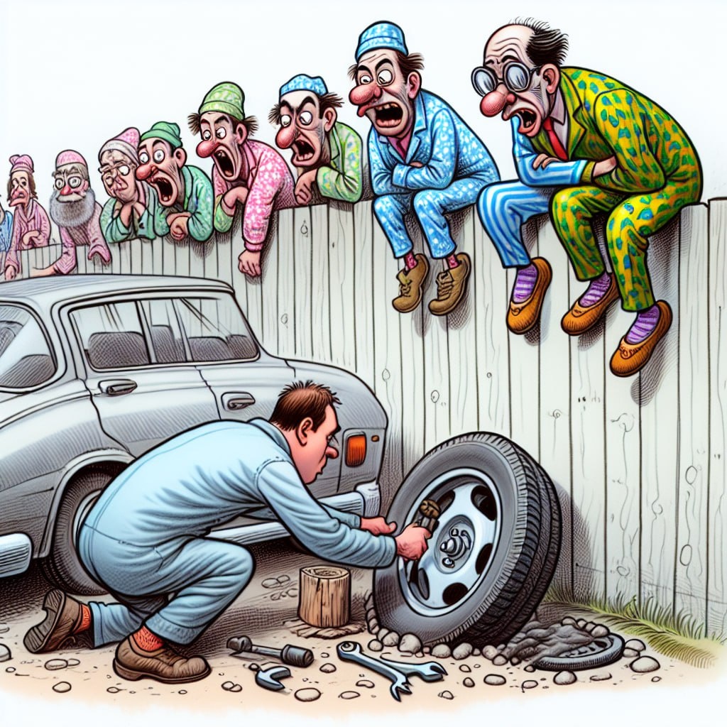 Смешной анекдот, карикатура, смешной рисунок как психи помогли мужику с колесом: анекдот о находчивости и дружелюбии