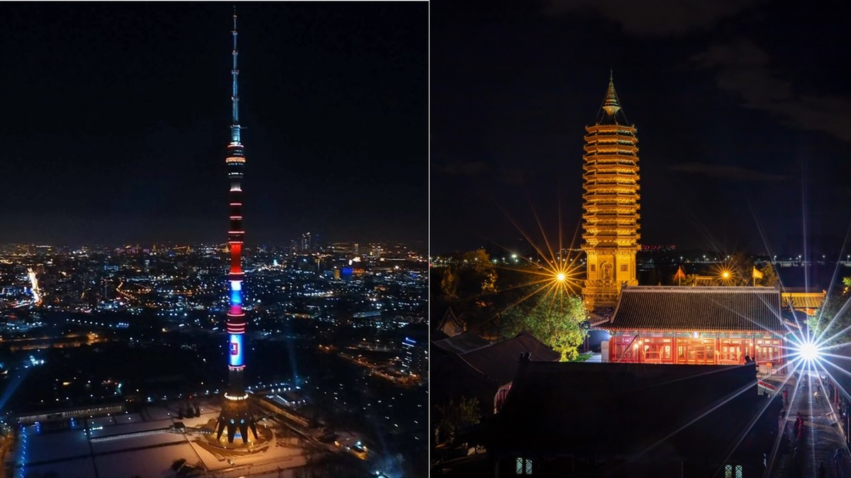 Слева наша Останкинская башня, справа Пагода