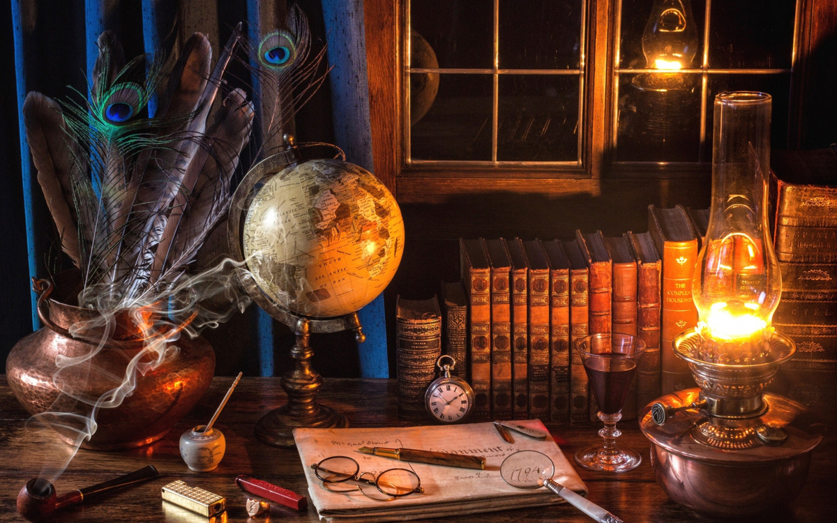 Рис. Стол, глобус, лампа, книги, цветы, вино, очки, лупа, трубка и статьи...