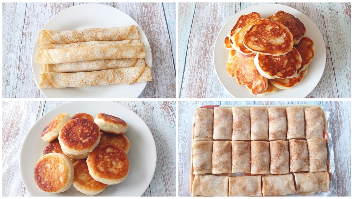 Блинчики с творогом, блинчики с мясом, сырники, оладьи с яблоками.