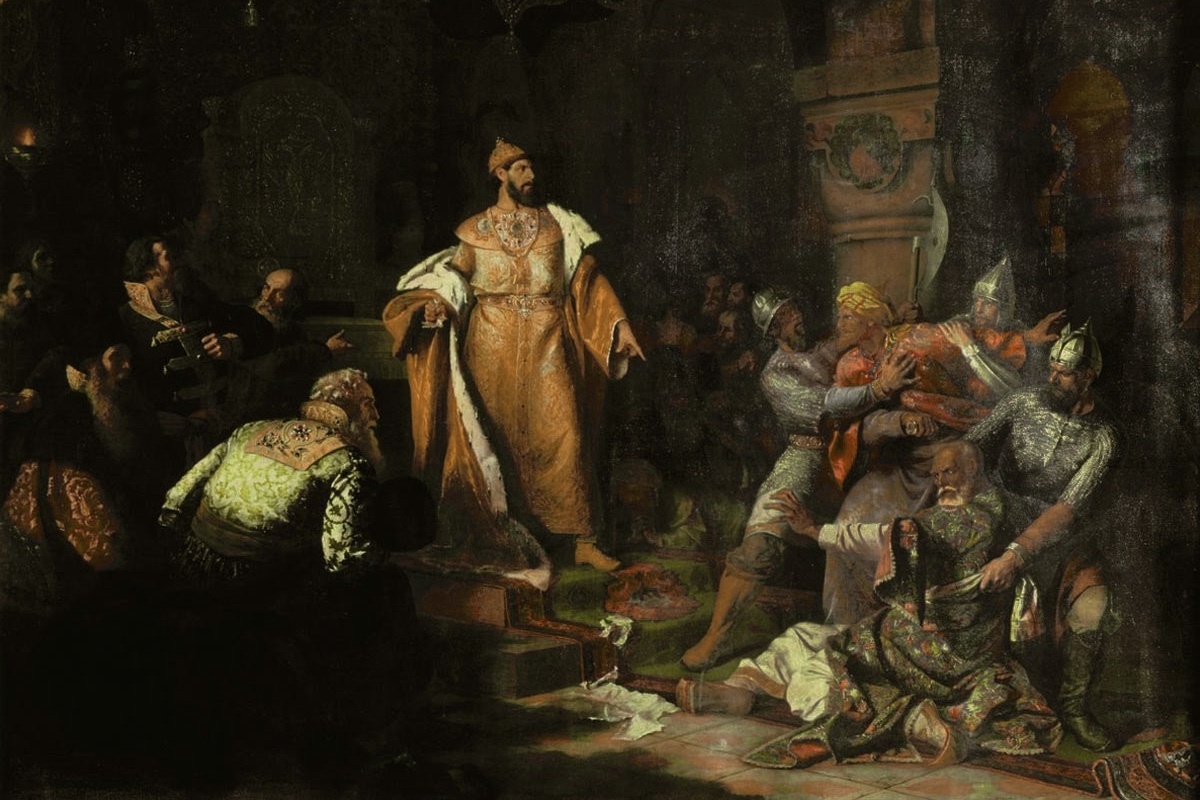    Н. Шустов. Иван III свергает татарское иго, разорвав изображение хана и приказав умертвить послов. 1962 г. / wikipedia.org