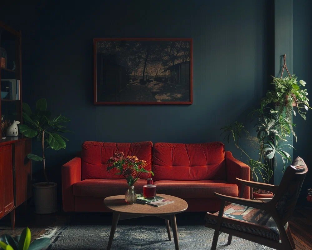 На фоне темных оттенков красный тоже выглядит отлично, но нужно найти гармоничное сочетание