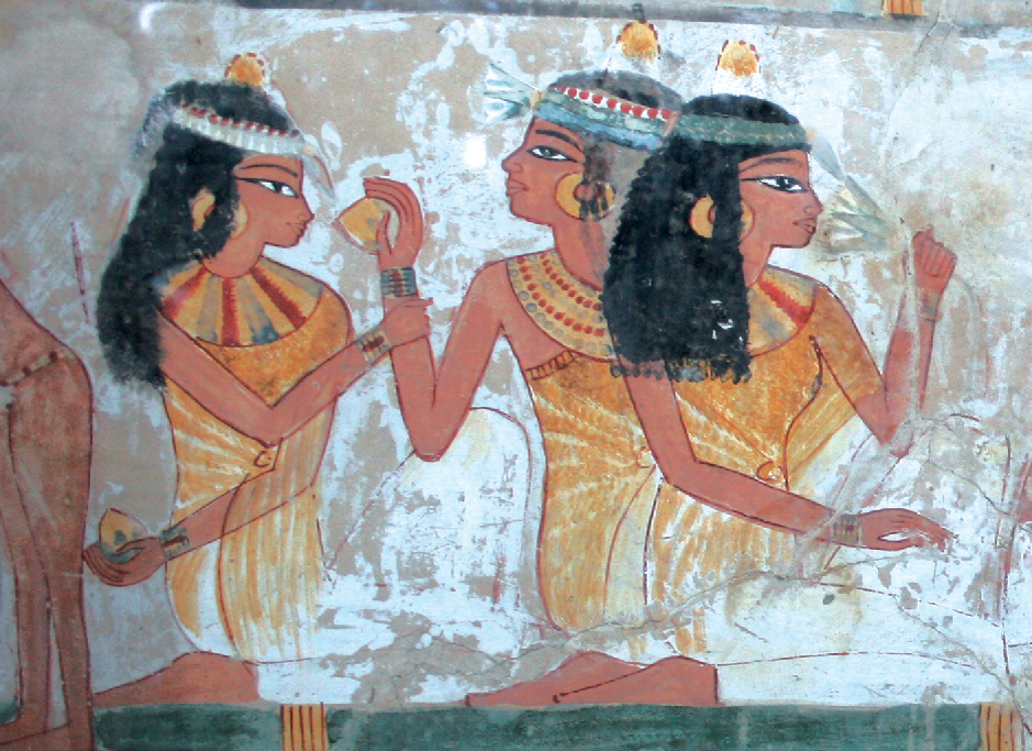 Женщины c фруктом мандрагоры. Фрагмент росписи гробницы Накхт (ТТ52), 18-я Династия, 1550—1292 гг. до н.э. Источник изображения: Semantic Scholar