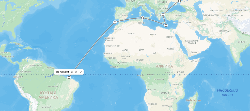 Примерное расстояние из России в Бразилию по морю