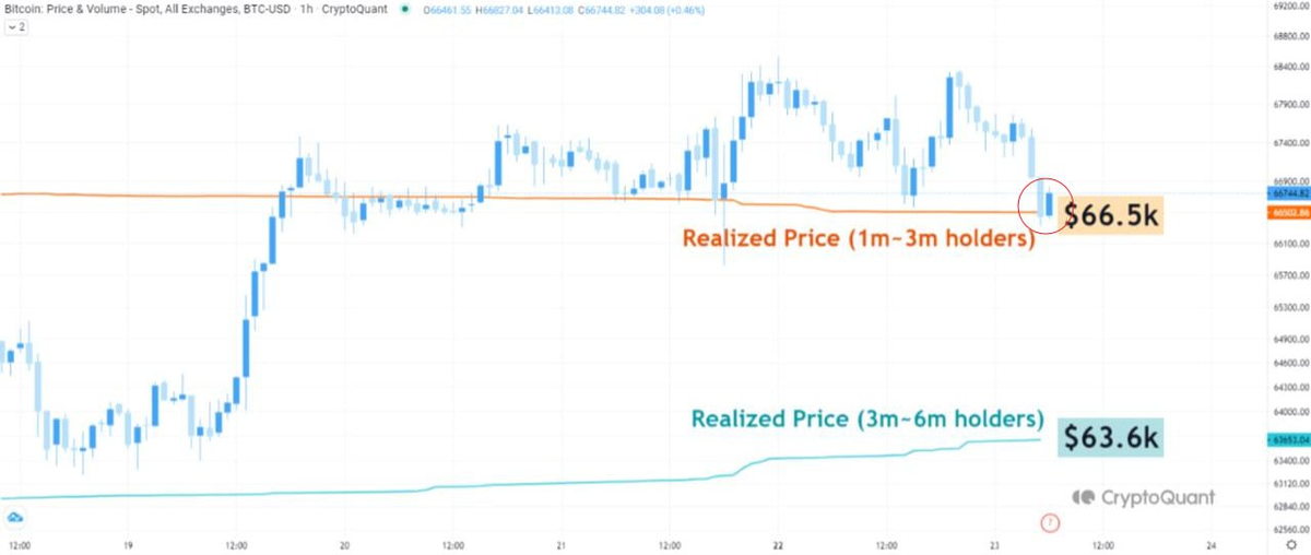 Цена BTC упала до средней безубытка краткосрочных держателей (от 1 до 3 месяцев). Падение ниже может привести к сильным ликвидациям и дальнейшему проливу до средней безубытка краткосрочных держателей (от 3 до 6 месяцев) на уровне $63 500.