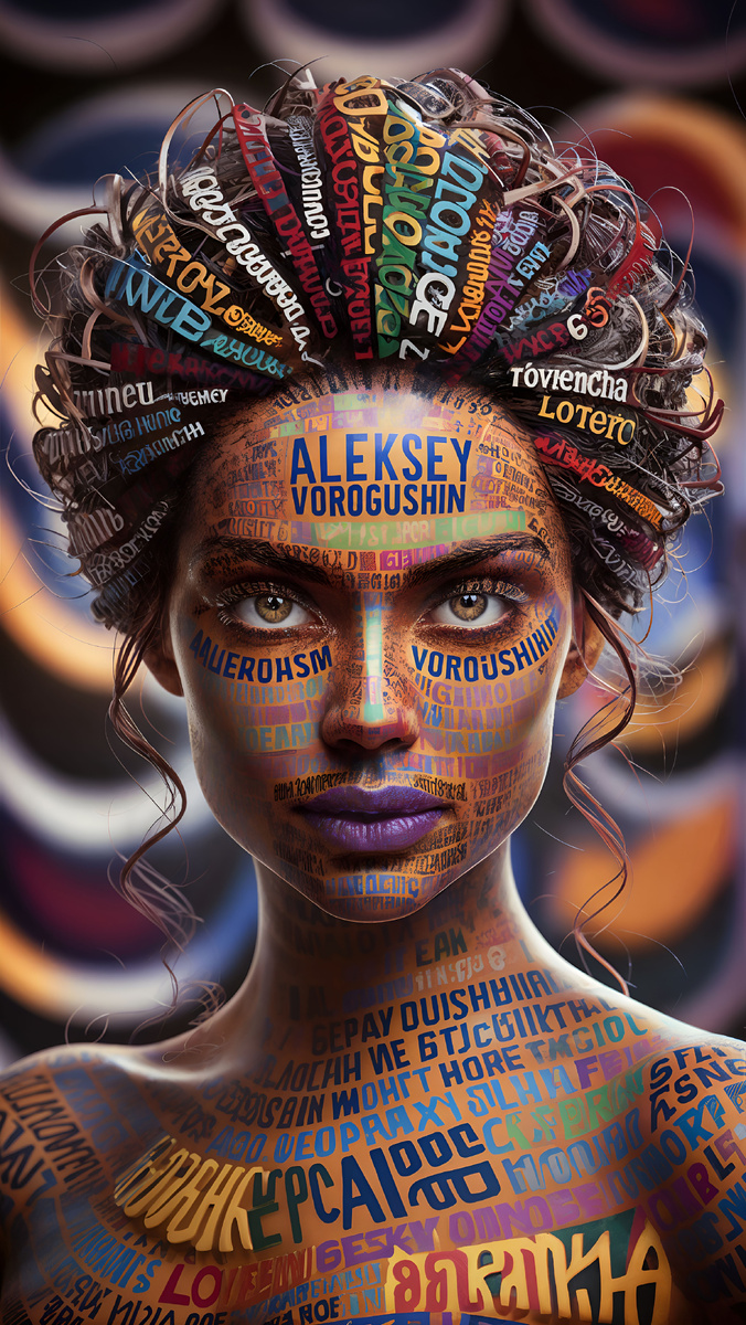 Ai-художник: Ворогушин Алексей Геннадьевич. Креативный портрет девушки из слов в типографическом стиле. Изображение создано при помощи нейросетей. Все права на изображение имеются. Подпись сгенерирована. Основа до обработки изображения сгенерирована в ideogram.ai 
