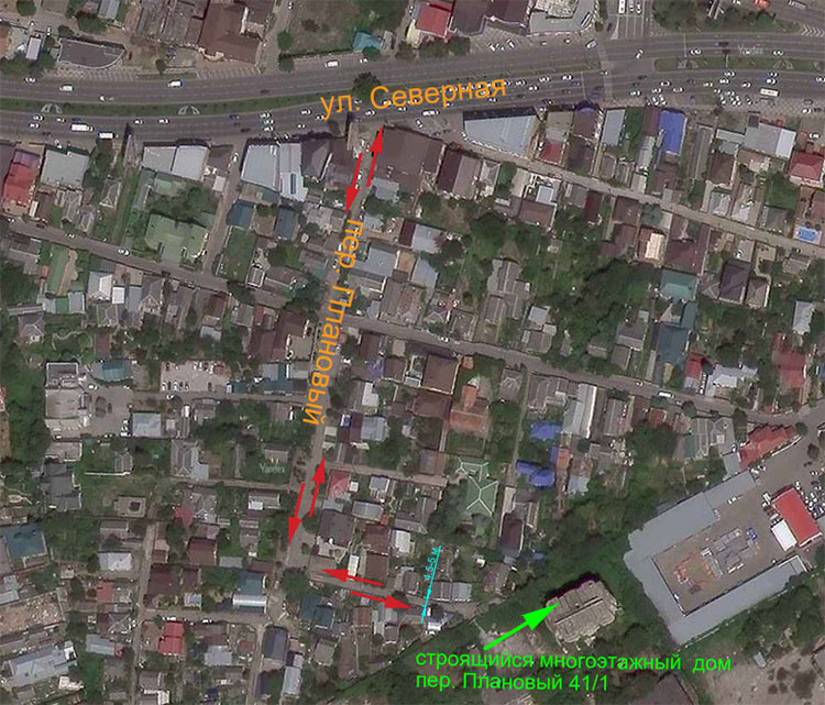 Расположение строящегося многоэтажного жилого дома по адресу: пер. Плановый, 41/1 и схема подъезда через частный сектор