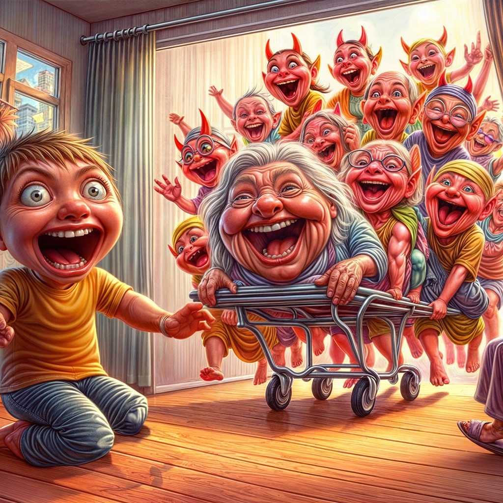 Бабушка и черти: смешной анекдот, карикатура, смешной рисунок о семейных разговорах