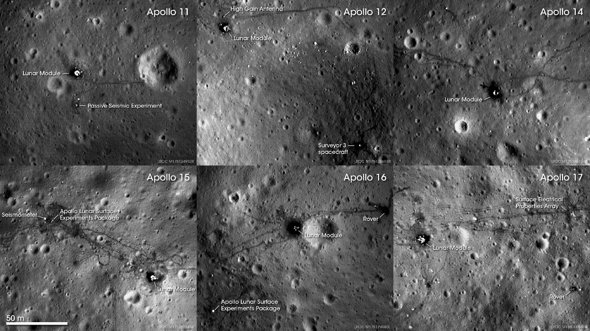Шесть посадочных площадок «Аполлона», вид с камеры LRO (НАСА).