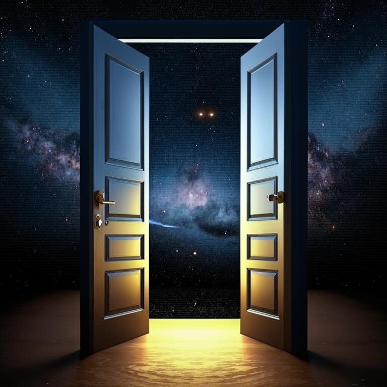 Картинка метафора " Дверь - это открытие счёта ИИС, а за дверью космос, стабильное, неизвестное, но такое манящее' ( спасибо gigachat за генерацию картинки)