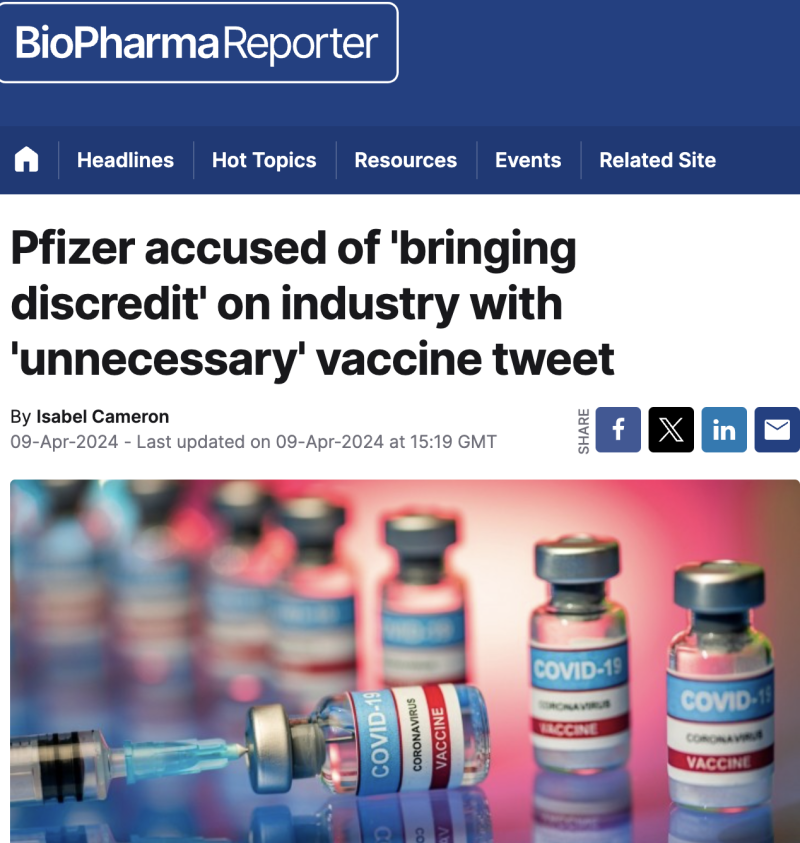 КОМПАНИЮ PFIZER ОБВИНИЛИ В "ДИСКРЕДИТАЦИИ" ФАРМАЦЕВТИЧЕСКОЙ ОТРАСЛИ ПОСЛЕ ТОГО, КАК ВЫСОКОПОСТАВЛЕННЫЕ СОТРУДНИКИ РЕКЛАМИРОВАЛИ НЕЛИЦЕНЗИРОВАННУЮ ВАКЦИНУ ЧЕРЕЗ СВОИ СОЦИАЛЬНЫЕ СЕТИ В РАЗГАР ПАНДЕМИИ. СКРИНШОТ: BIOPHARMA-REPORTER.COM