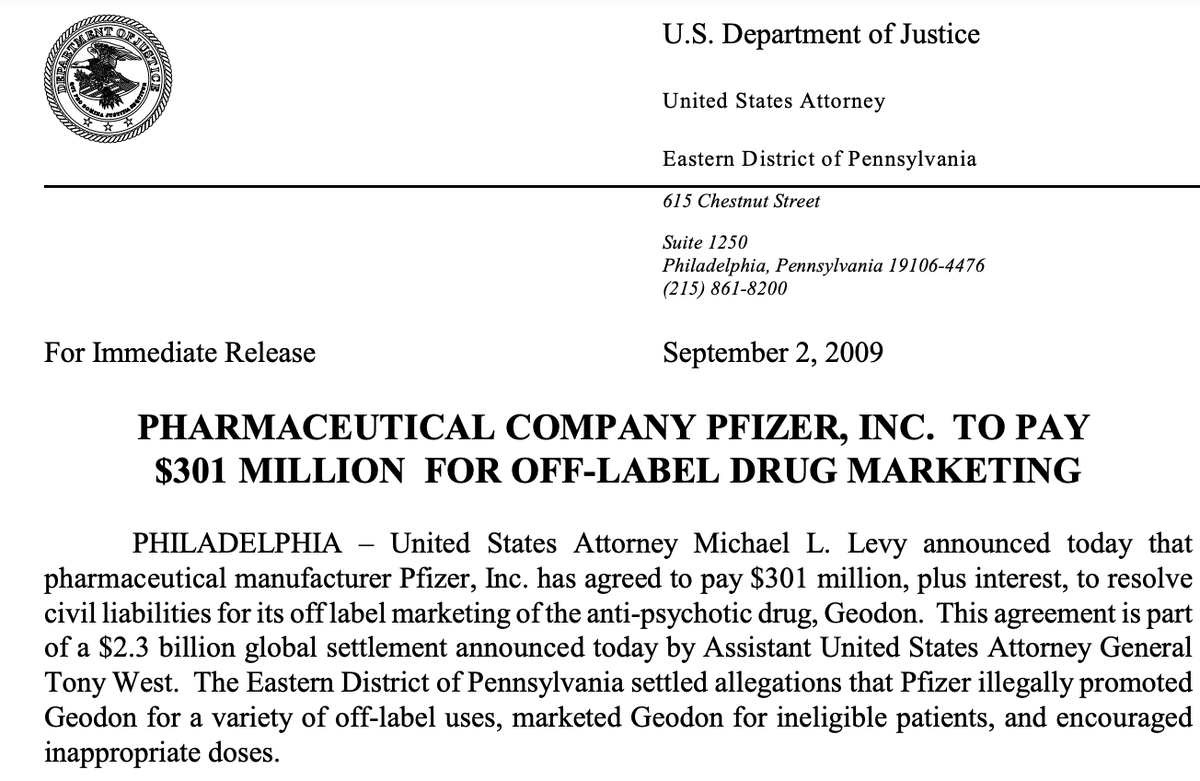 PFIZER ОБЯЗАЛИ ВЫПЛАТИТЬ 301 МИЛЛИОН ДОЛЛАРОВ ПЛЮС ПРОЦЕНТЫ ДЛЯ УРЕГУЛИРОВАНИЯ ГРАЖДАНСКОЙ ОТВЕТСТВЕННОСТИ ЗА ПРОДАЖУ АНТИПСИХОТИЧЕСКОГО ПРЕПАРАТА "ГЕОДОНА" НЕ ПО НАЗНАЧЕНИЮ. СКРИНШОТ: JUSTICE.GOV
