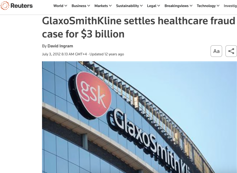 "GLAXOSMITHKLINE УРЕГУЛИРОВАЛА ДЕЛО О МОШЕННИЧЕСТВЕ В СФЕРЕ ЗДРАВООХРАНЕНИЯ НА СУММУ 3 МИЛЛИАРДА ДОЛЛАРОВ". СКРИНШОТ: REUTERS.COM