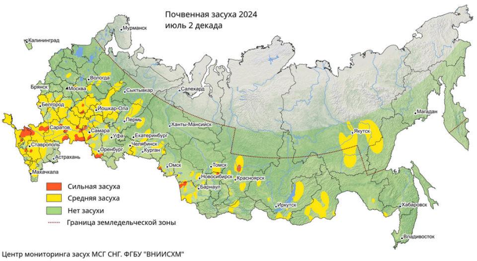    Почвенная засуха. Вторая декада июля 2024 года. Источник: Центр мониторинга засухи МСГ СНГ на базе ФГБУ "ВНИИСХМ"/meteoinfo.ru