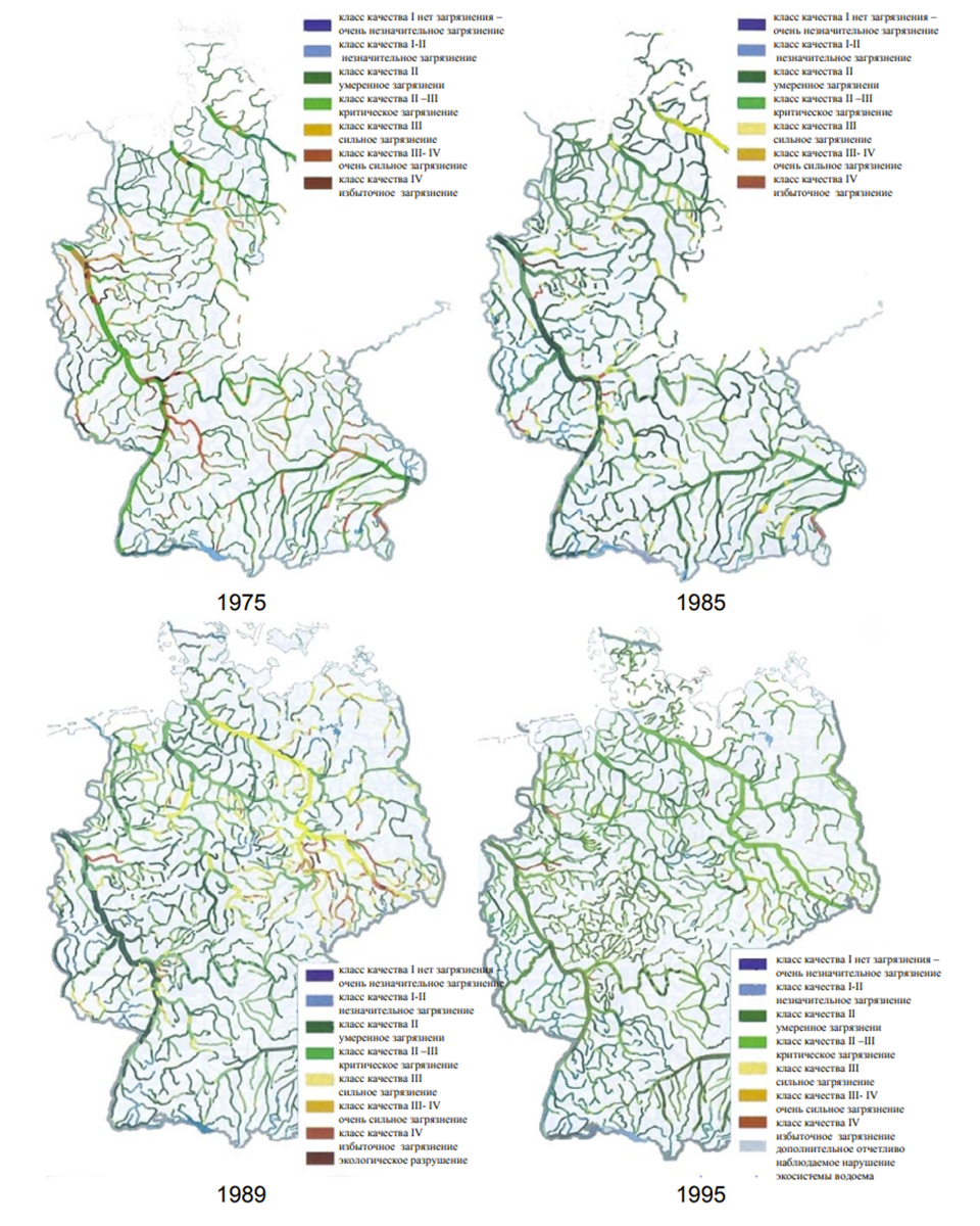 Карта качества воды в водоемах Германии в разные годы [Bundesministeriums für Bildung, Wissenschaft, Forschung und Technologie (BMBF), (1997) Wasserforschung, Ergebnisse der BMBF Forschung 1990 – 1996, Bonn]