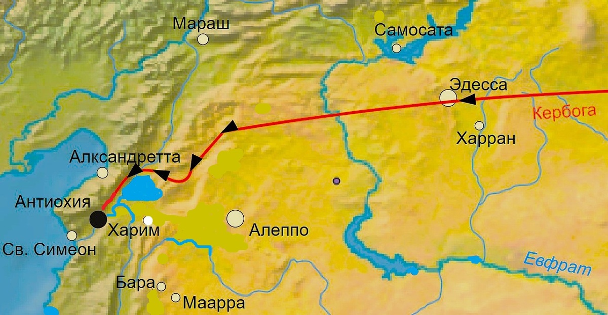 Маршрут движения объединённого мусульманского войска под предводительством Кербоги от Эдессы к Антиохии (25 мая – 9 июня 1098 года). Источник: https://upload.wikimedia.org/wikipedia/ru/b/b3/Осада_Антиохии_%28общая_карта_%29.svg