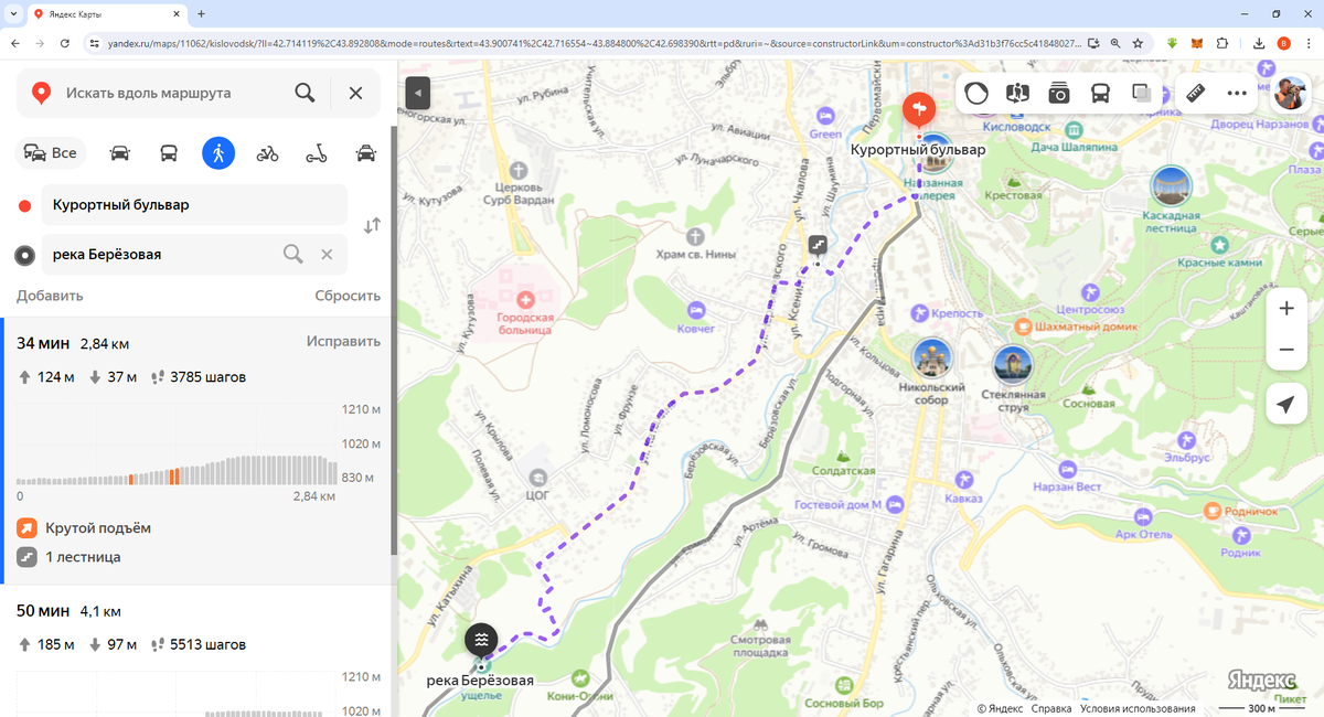 Один из вариантов пути от Курортного бульвара до Берёзовского ущелья